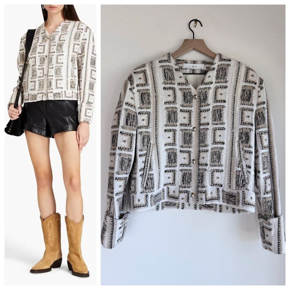 NEW IRO Paris Lullia Embroidered Jacquard Tweed Snap Front Jacket in Multi Ecru